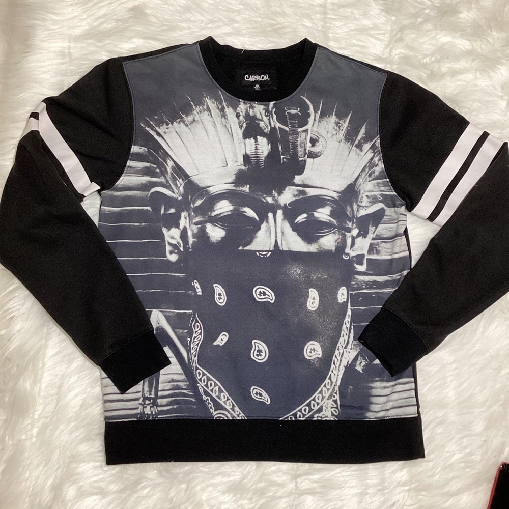 Carbon Women’s Black Sweatshirt with Mummy Print with Mask on